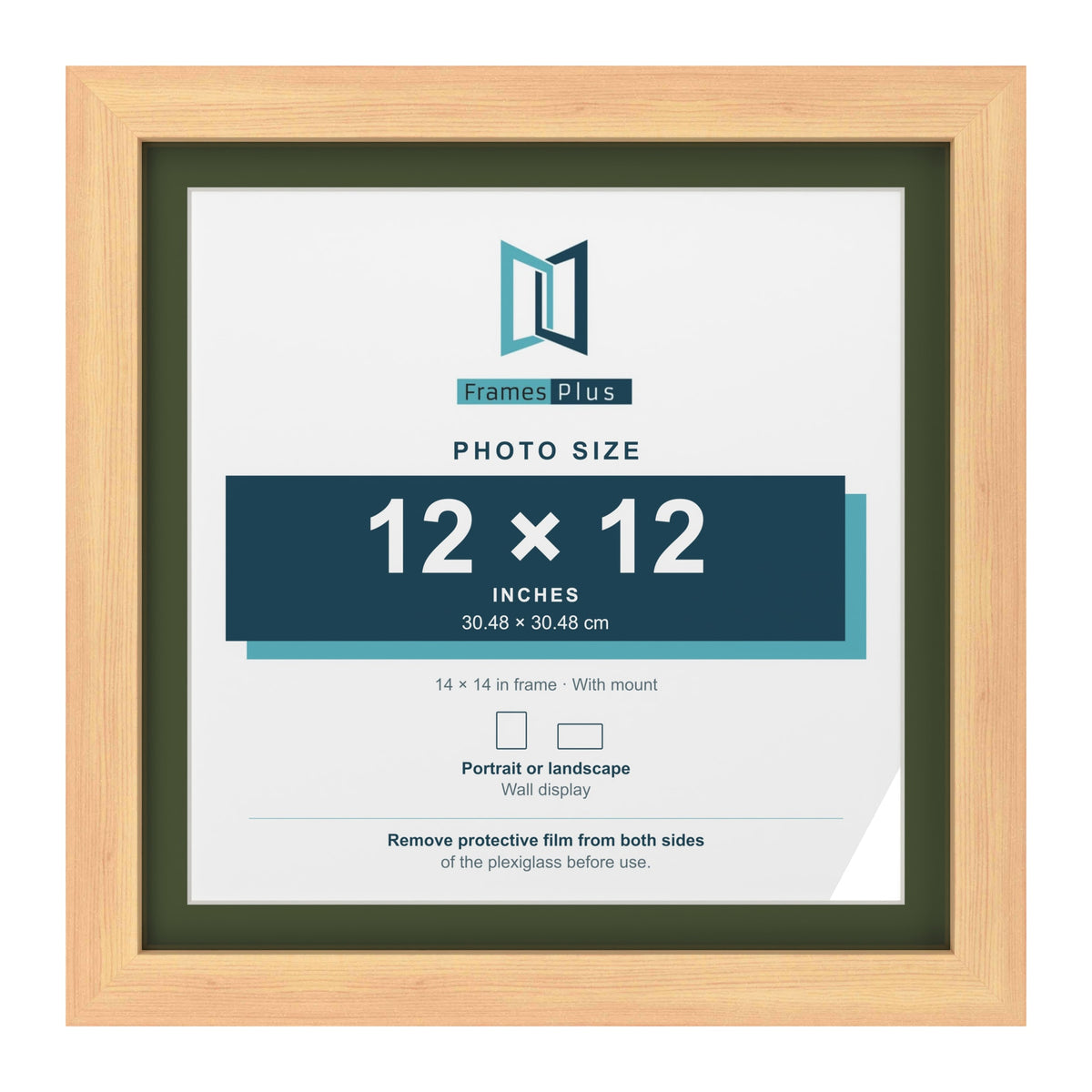 Pine 14 x 14 inch picture frame with a green mount for a 12 x 12 inch photo