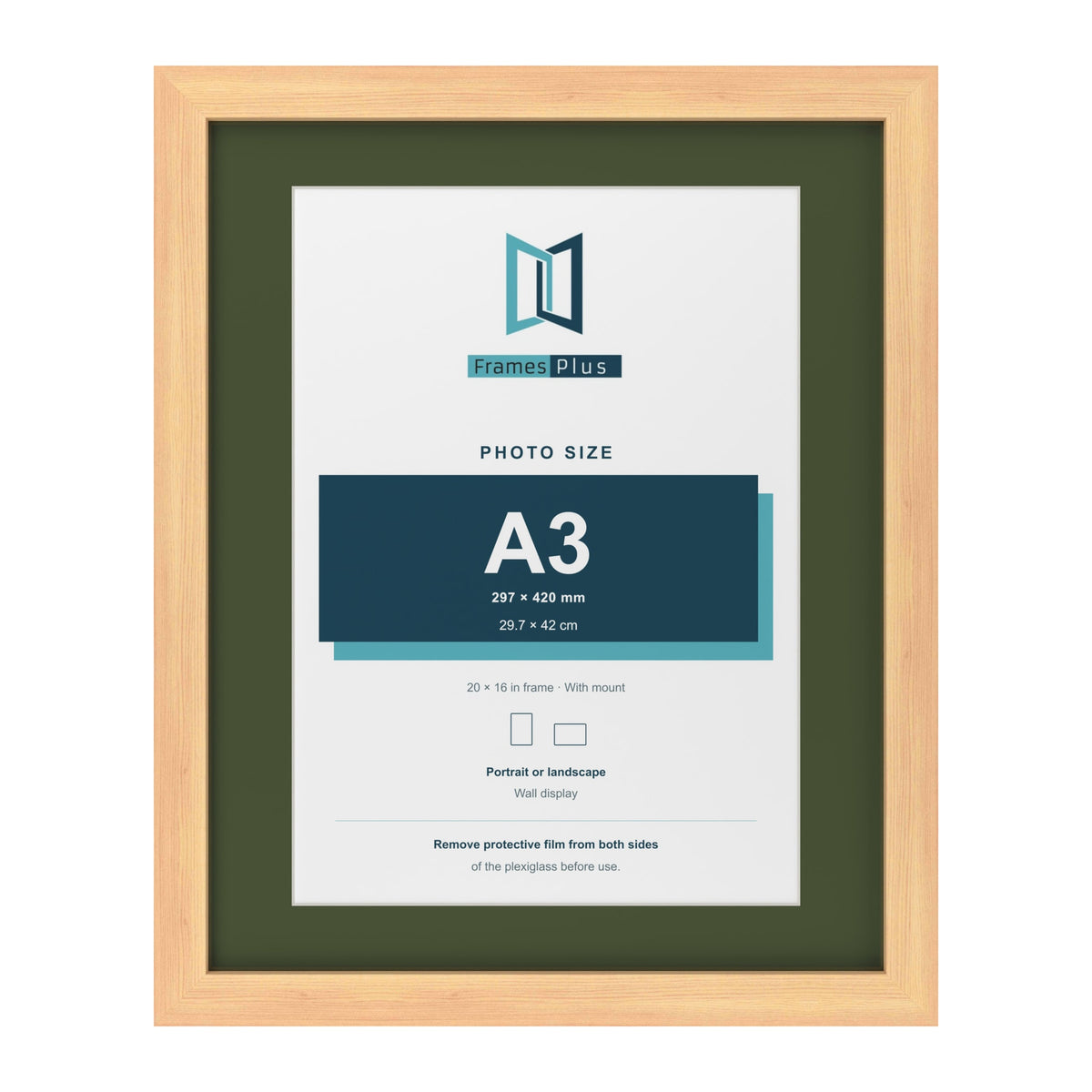 Pine 20 x 16 inch picture frame with a green mount for an A3 photo