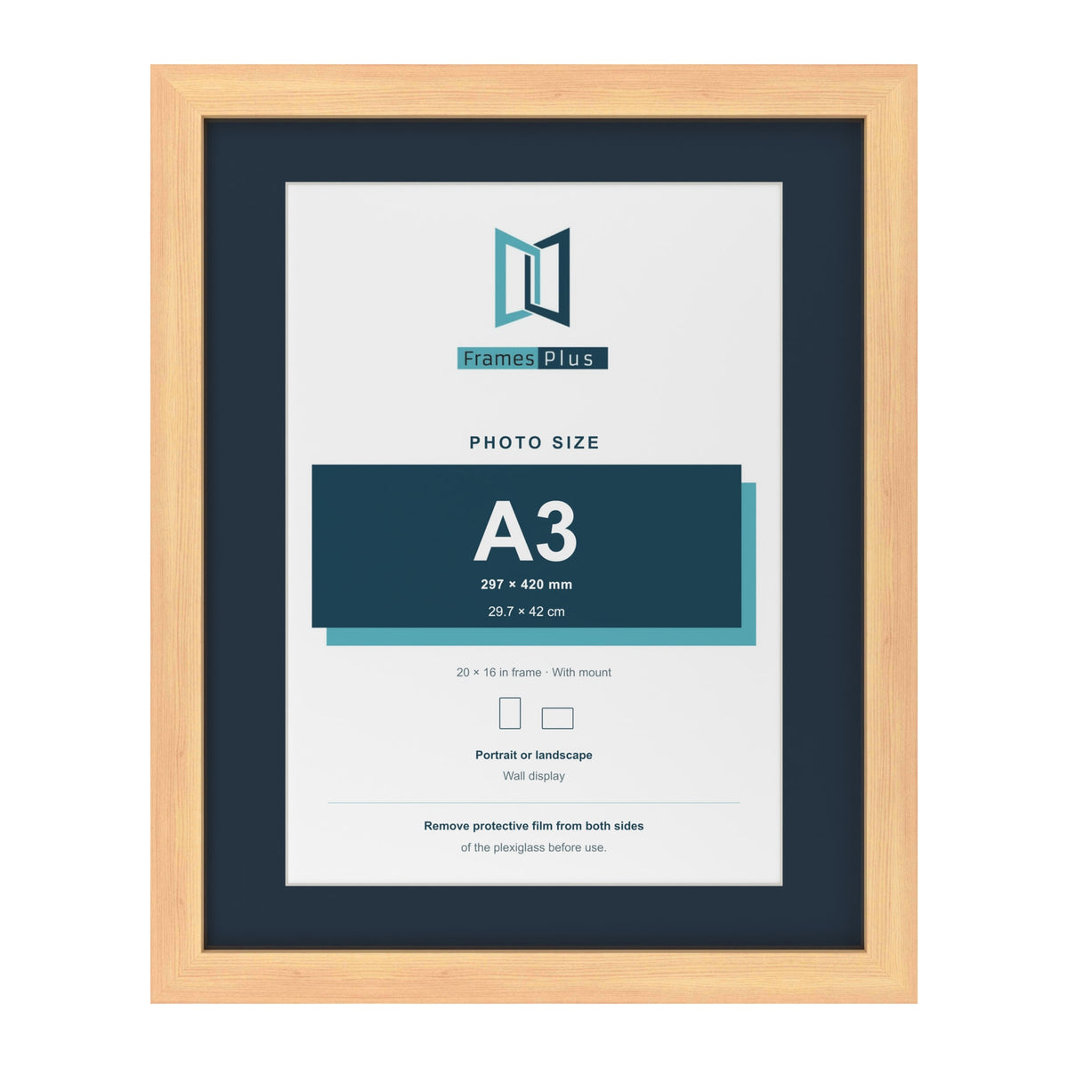 Pine 20 x 16 inch picture frame with a Pacific Blue mount for an A3 photo