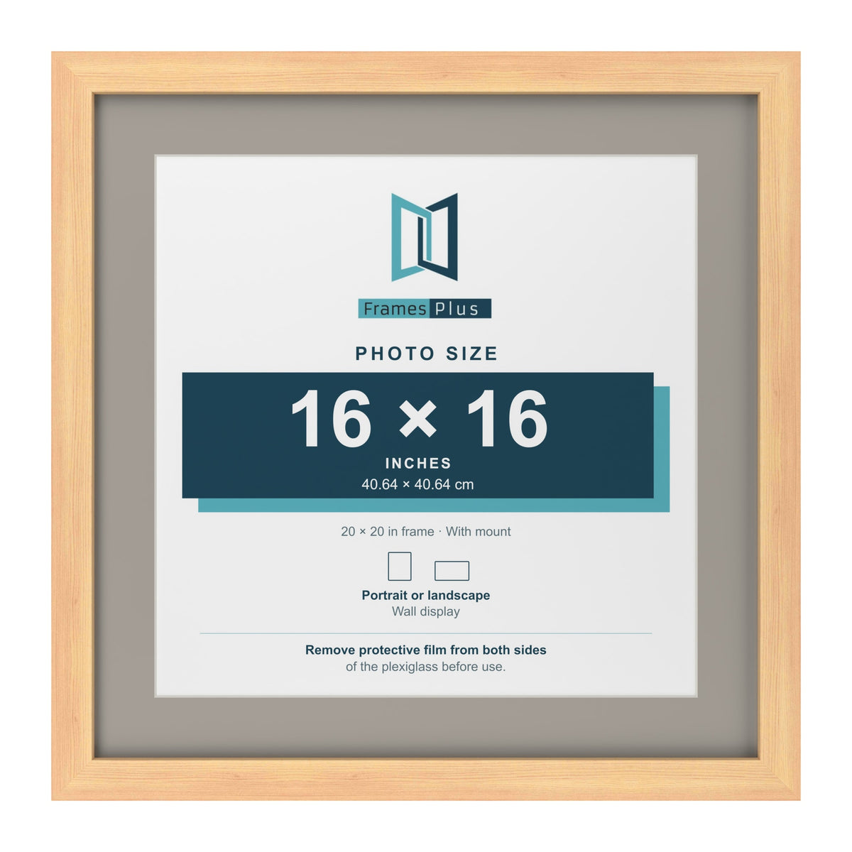 Pine 20 x 20 inch picture frame with a Dawn Grey mount for a 16 x 16 inch photo