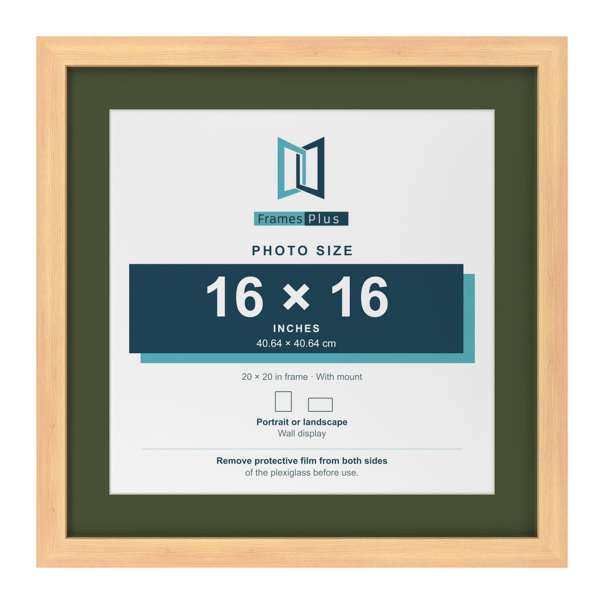 Pine 20 x 20 inch picture frame with a green mount for a 16 x 16 inch photo