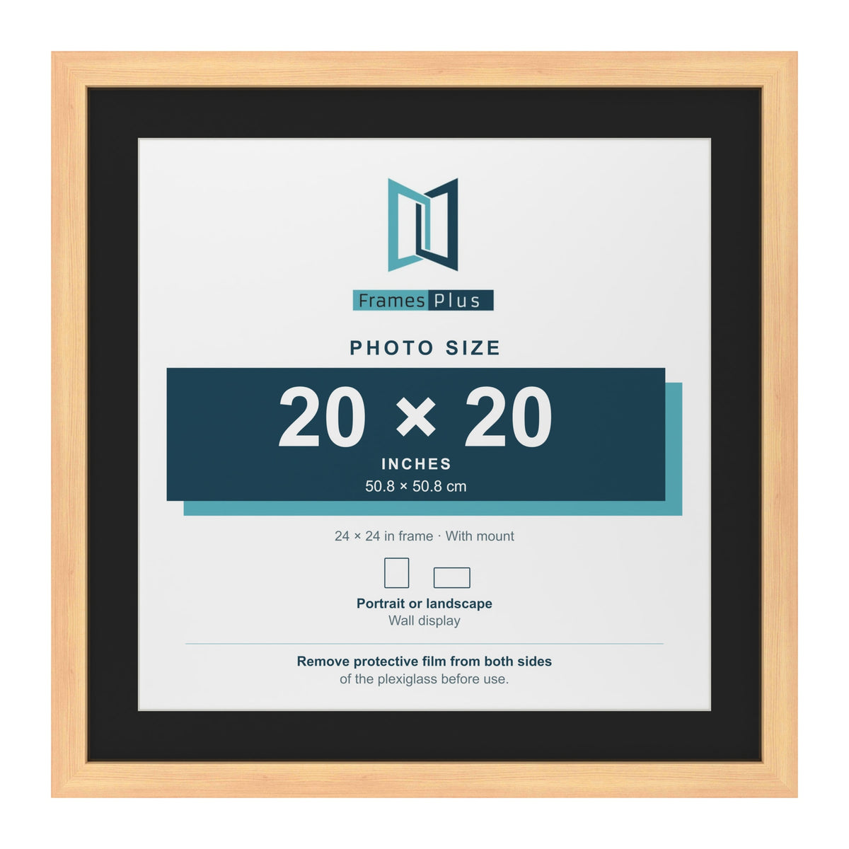 Pine 24 x 24 inch picture frame with a black mount for a 20 x 20 inch photo
