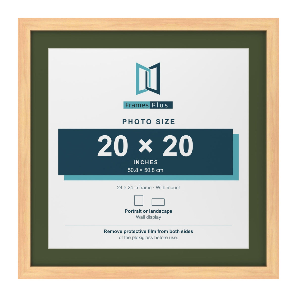 Pine 24 x 24 inch picture frame with a green mount for a 20 x 20 inch photo