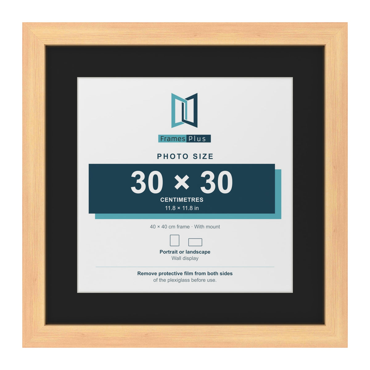 Pine 40 x 40 cm picture frame with a black mount for a 30 x 30 cm photo
