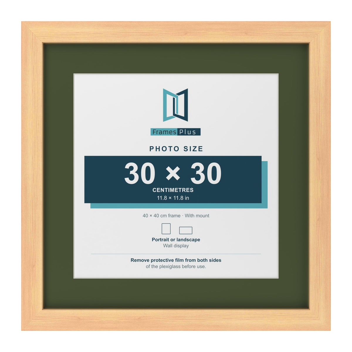 Pine 40 x 40 cm picture frame with a green mount for a 30 x 30 cm photo