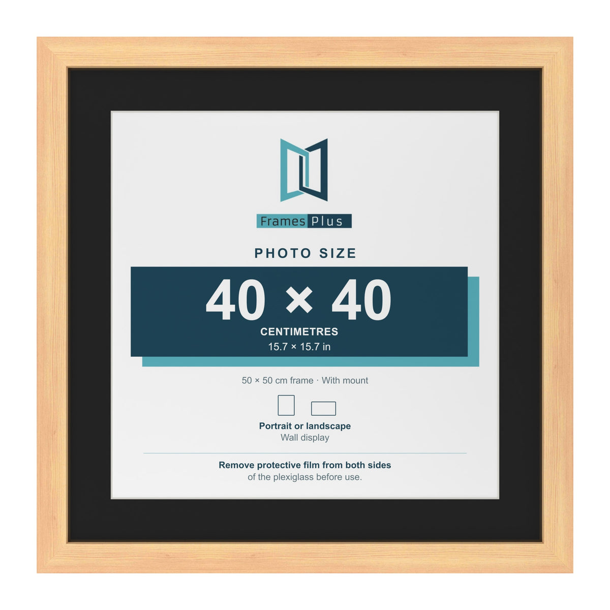 Pine 50 x 50 cm picture frame with a black mount for a 40 x 40 cm photo