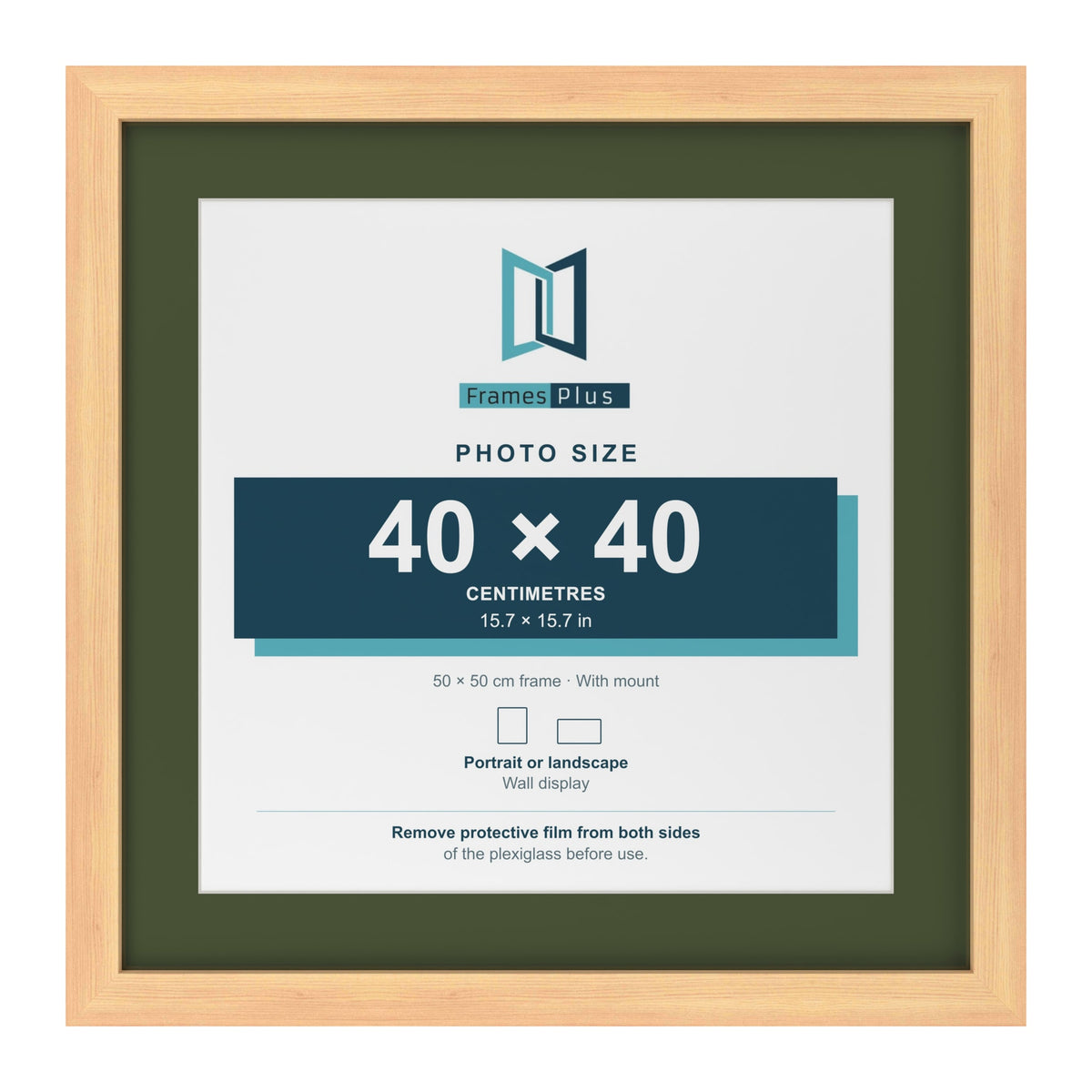 Pine 50 x 50 cm picture frame with a green mount for a 40 x 40 cm photo