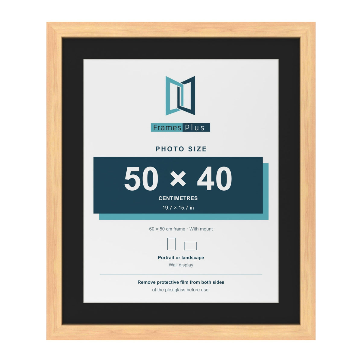 Pine 60 x 50 cm picture frame with a black mount for a 50 x 40 cm photo