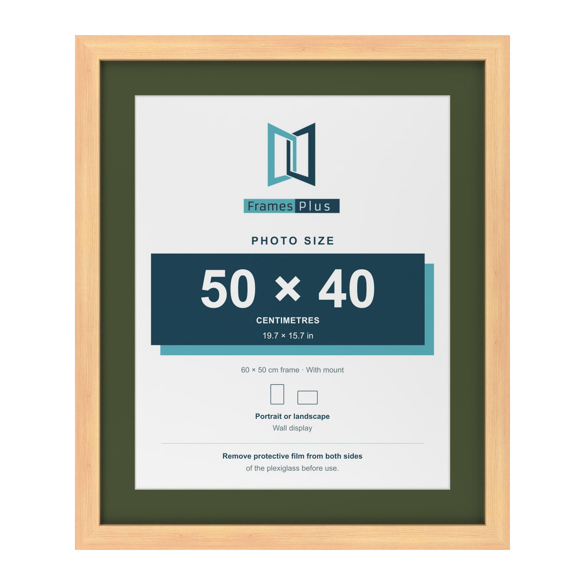 Pine 60 x 50 cm picture frame with a green mount for a 50 x 40 cm photo