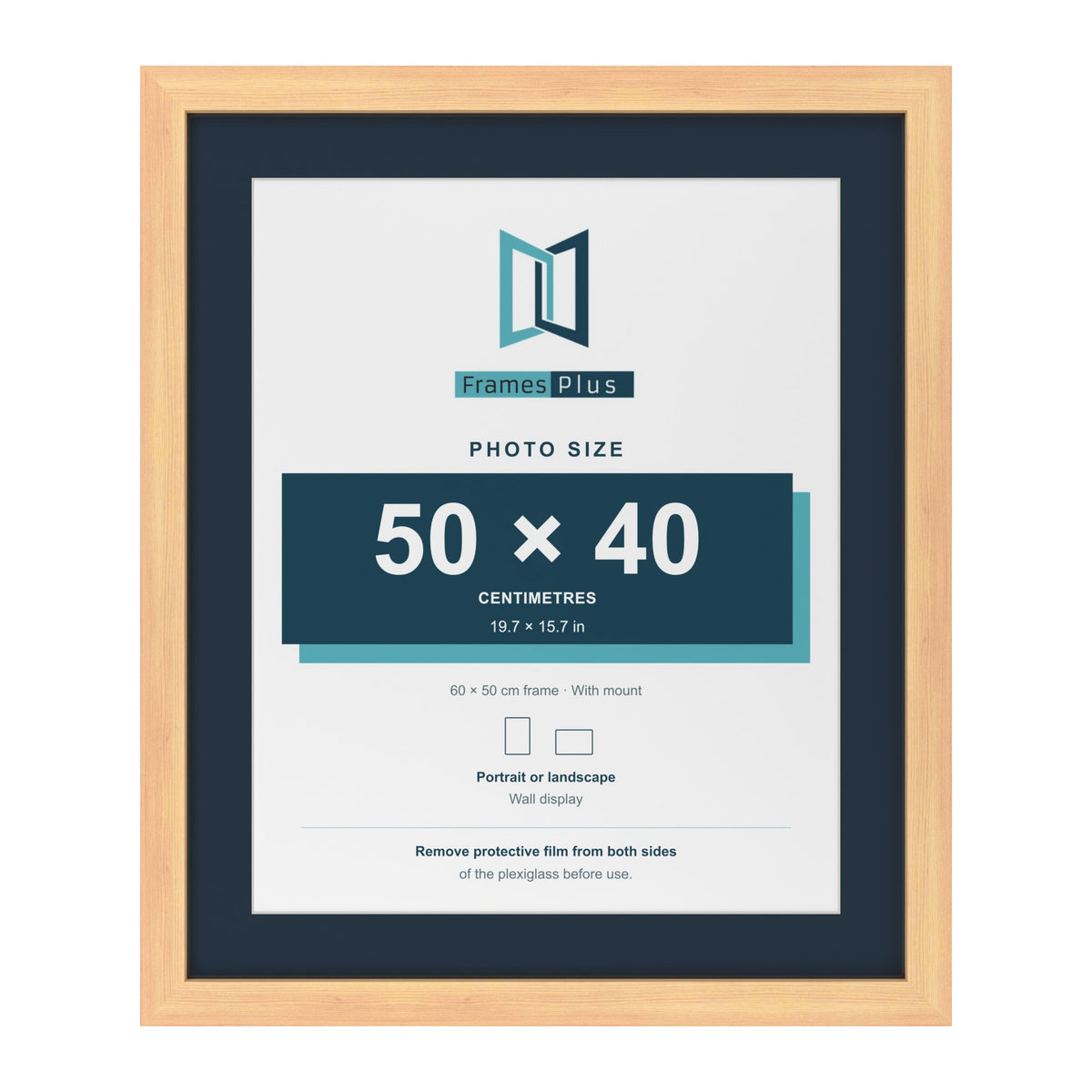 Pine 60 x 50 cm picture frame with a Pacific Blue mount for a 50 x 40 cm photo