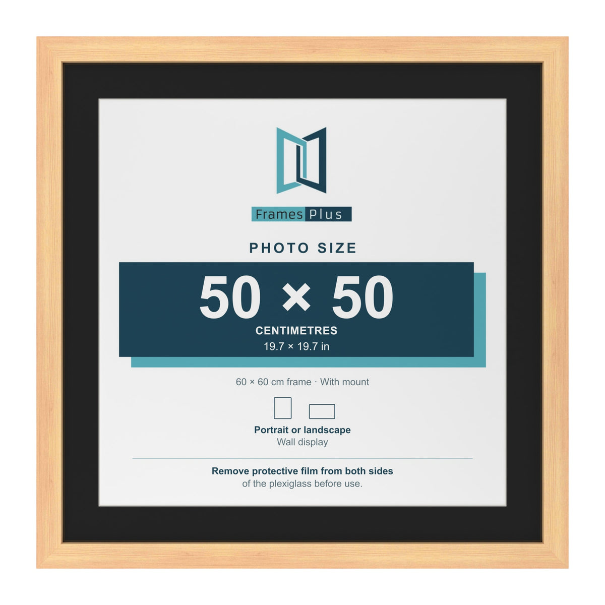 Pine 60 x 60 cm picture frame with a black mount for a 50 x 50 cm photo