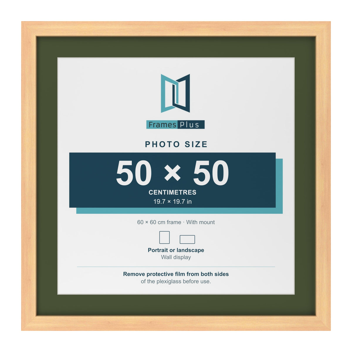 Pine 60 x 60 cm picture frame with a green mount for a 50 x 50 cm photo