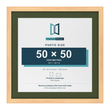 Pine 60 x 60 cm picture frame with a green mount for a 50 x 50 cm photo