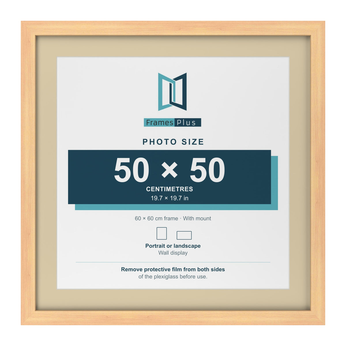 Pine 60 x 60 cm picture frame with an ivory mount for a 50 x 50 cm photo