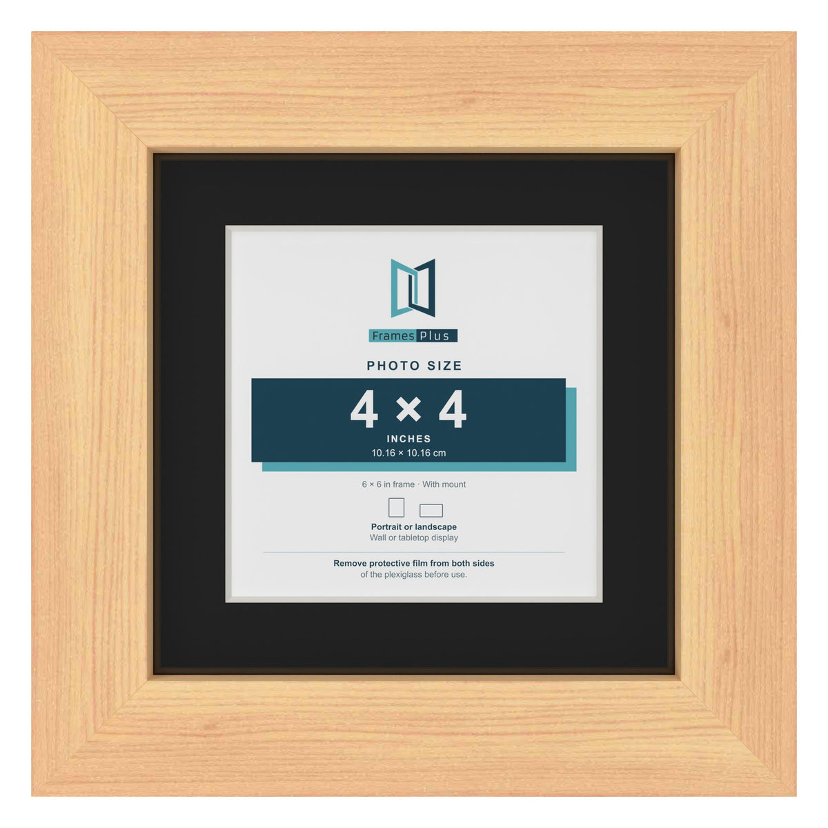 Pine 6 x 6 inch picture frame with a black mount for a 4 x 4 inch photo