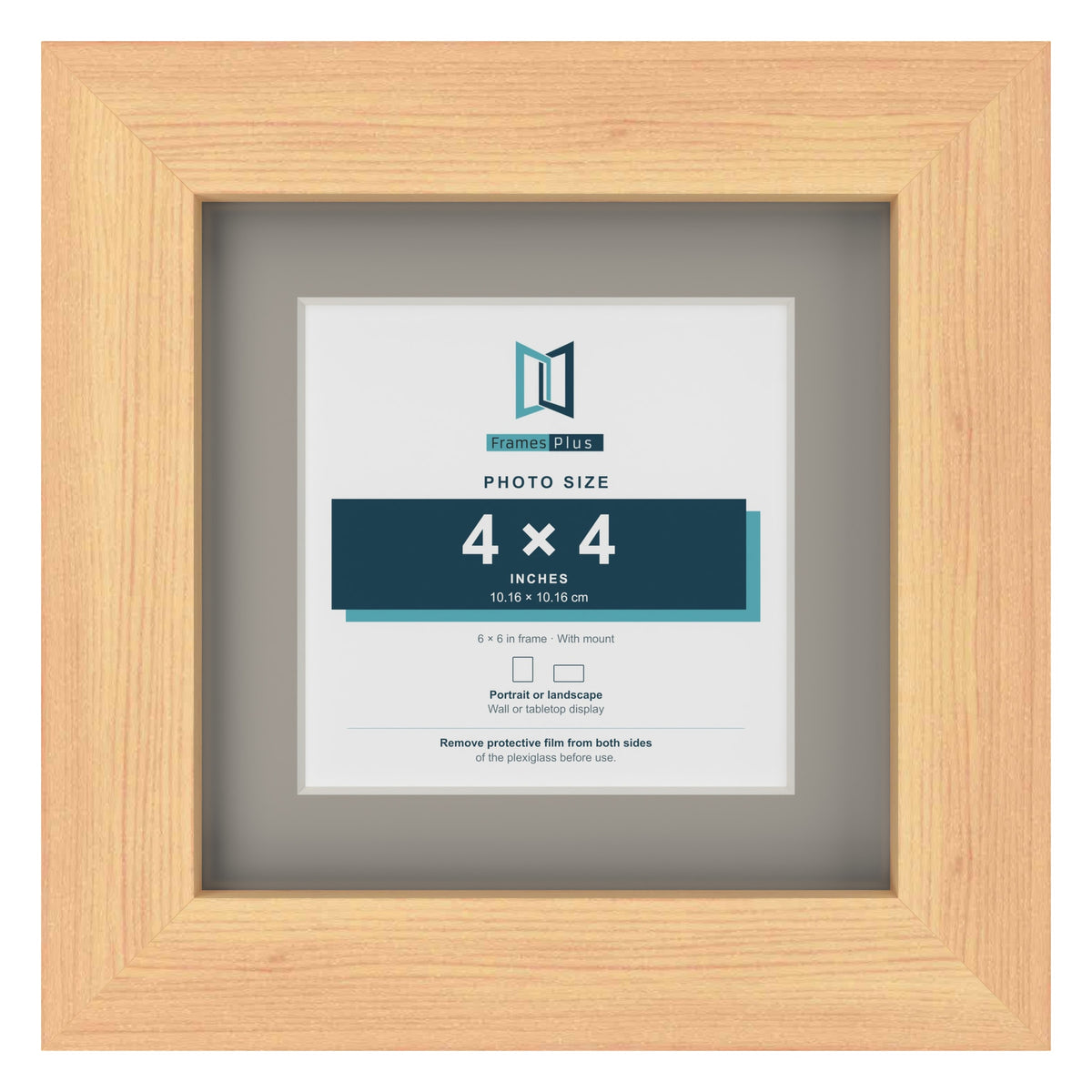 Pine 6 x 6 inch picture frame with a Dawn Grey mount for a 4 x 4 inch photo