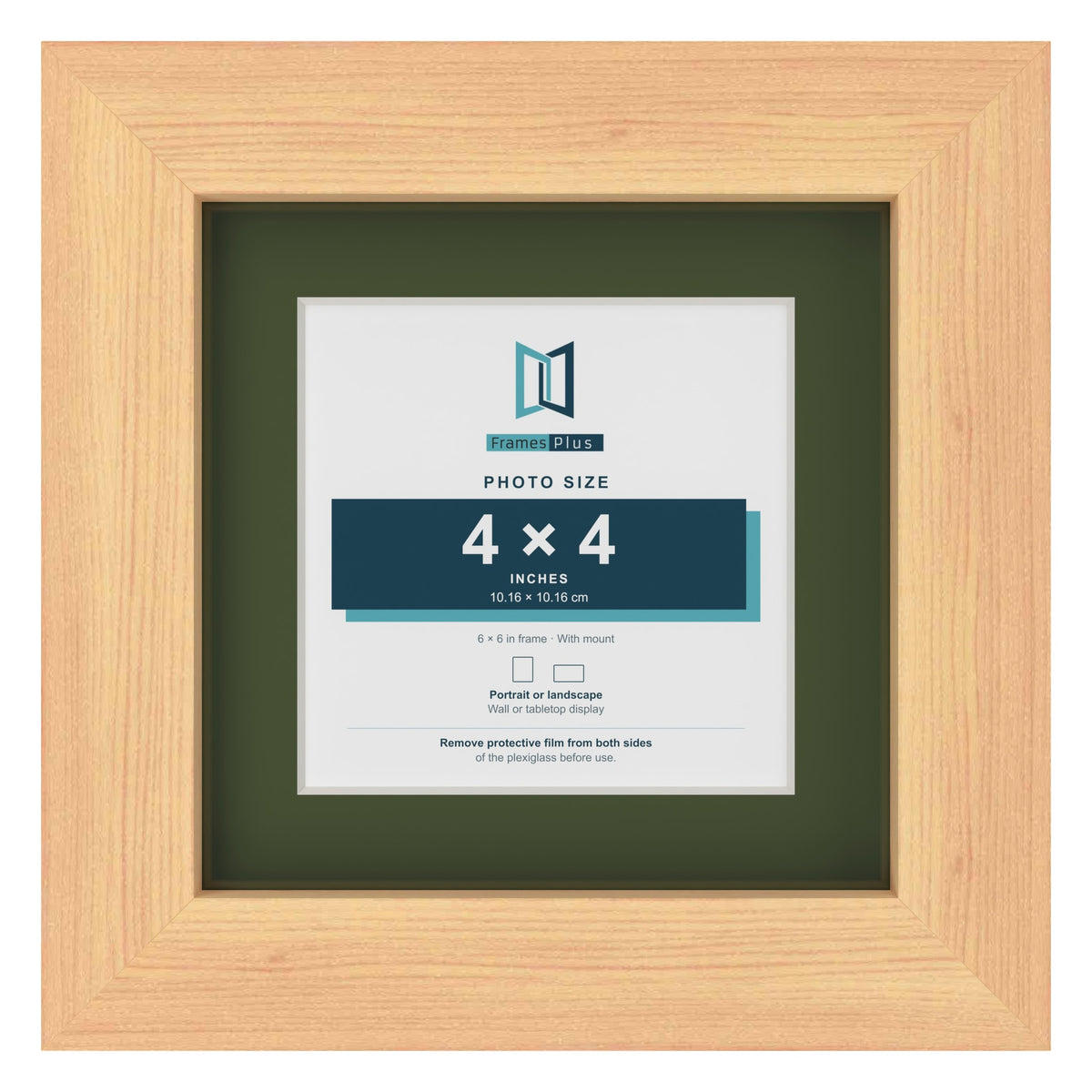 Pine 6 x 6 inch picture frame with a green mount for a 4 x 4 inch photo
