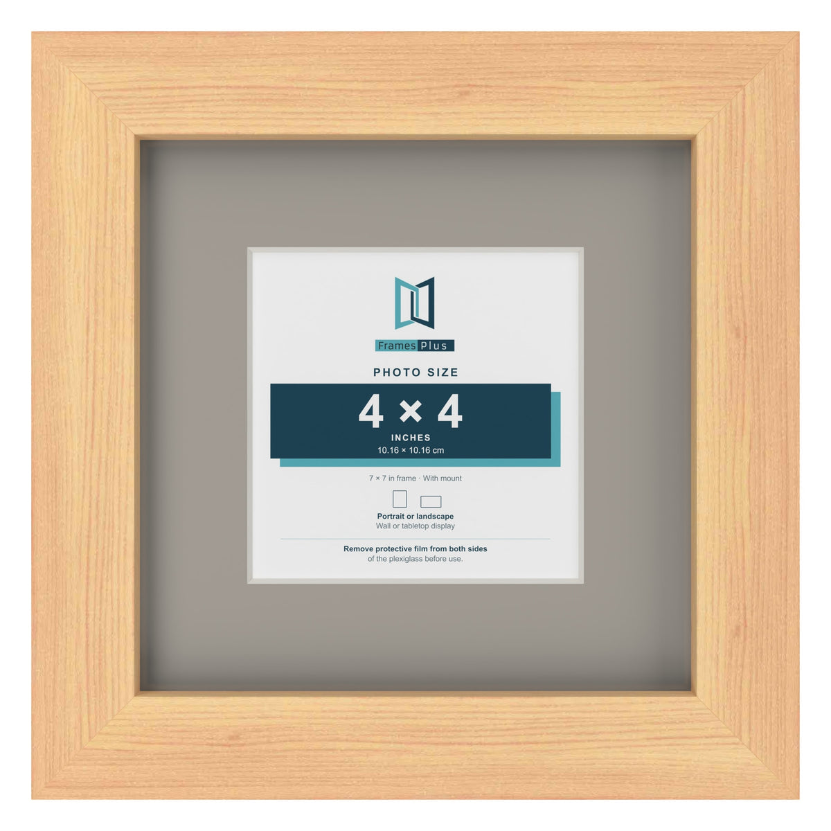 Pine 7 x 7 inch picture frame with a Dawn Grey mount for a 4 x 4 inch photo