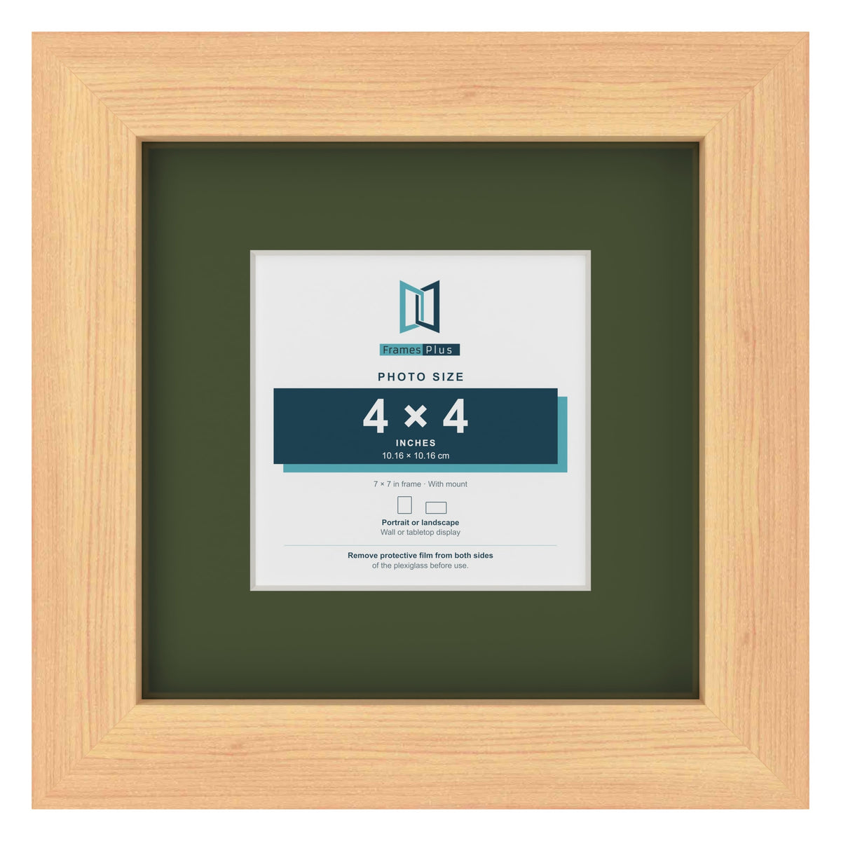 Pine 7 x 7 inch picture frame with a green mount for a 4 x 4 inch photo