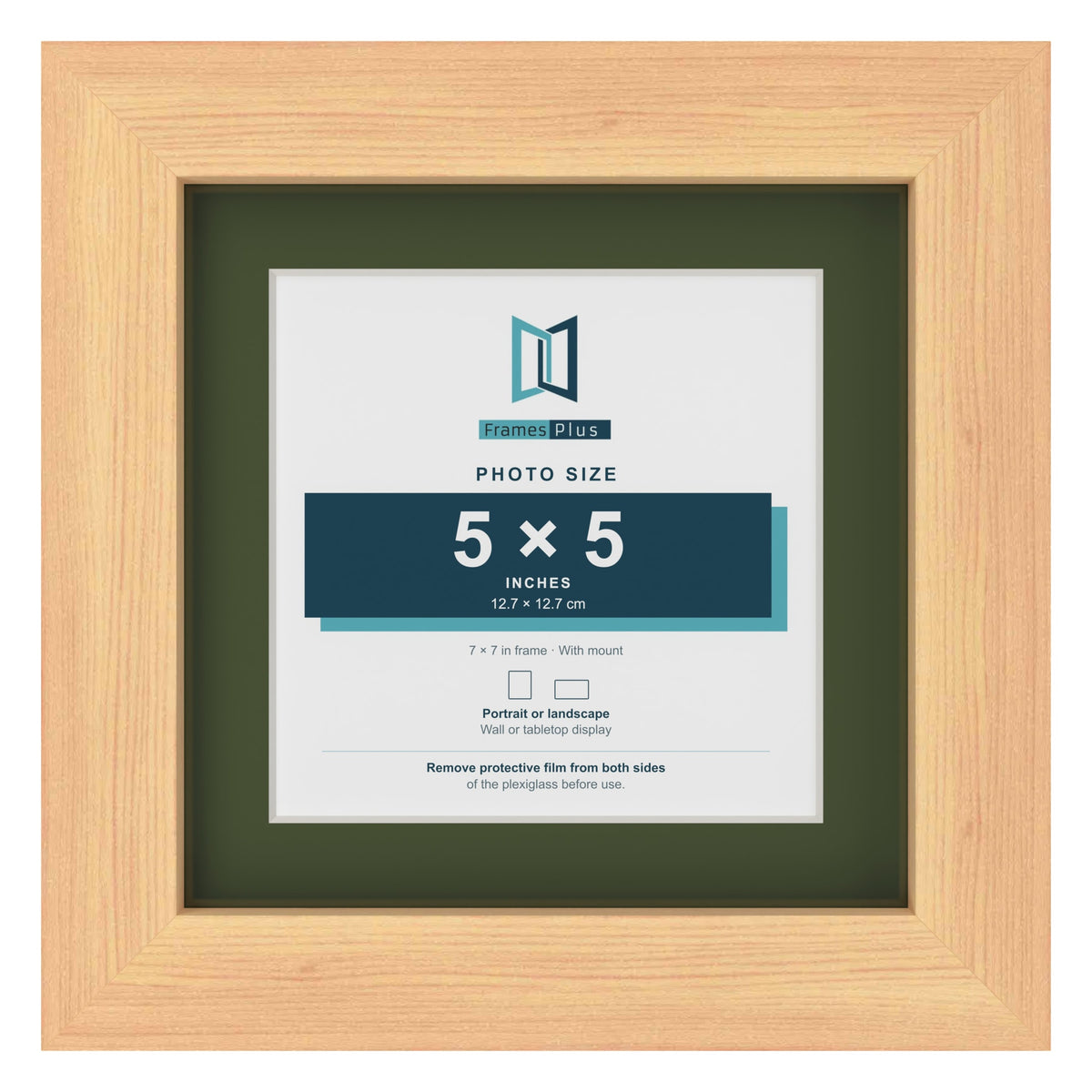 Pine 7 x 7 inch picture frame with a green mount for a 5 x 5 inch photo