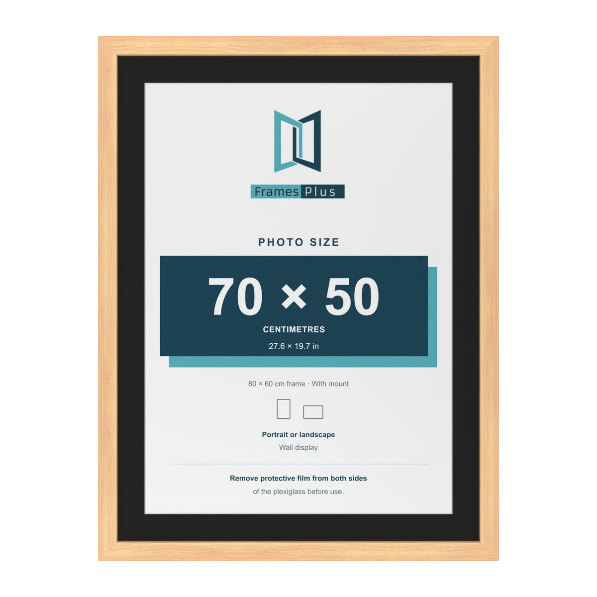 Pine 80 x 60 cm picture frame with a black mount for a 70 x 50 cm photo