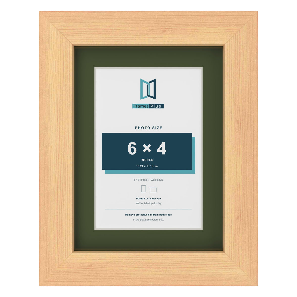 Pine 8 x 6 inch picture frame with a green mount for a 6 x 4 inch photo