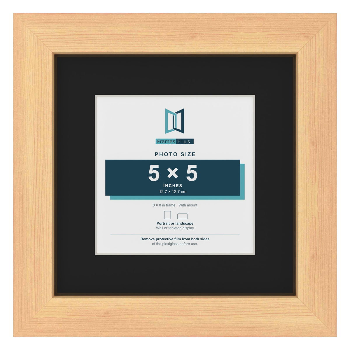 Pine 8 x 8 inch picture frame with a black mount for a 5 x 5 inch photo
