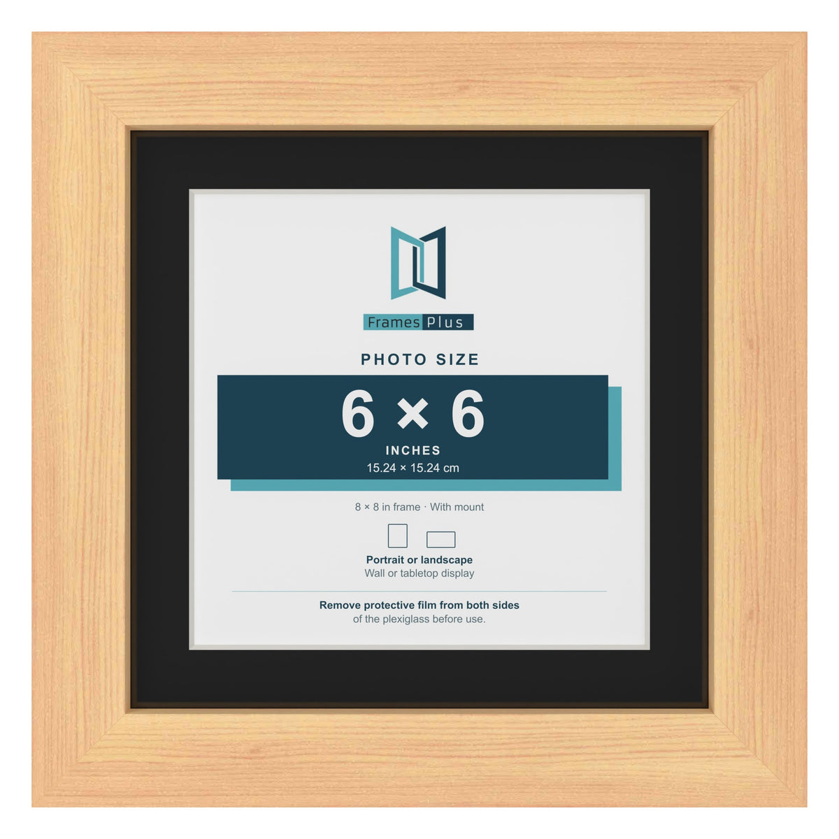 Pine 8 x 8 inch picture frame with a black mount for a 6 x 6 inch photo