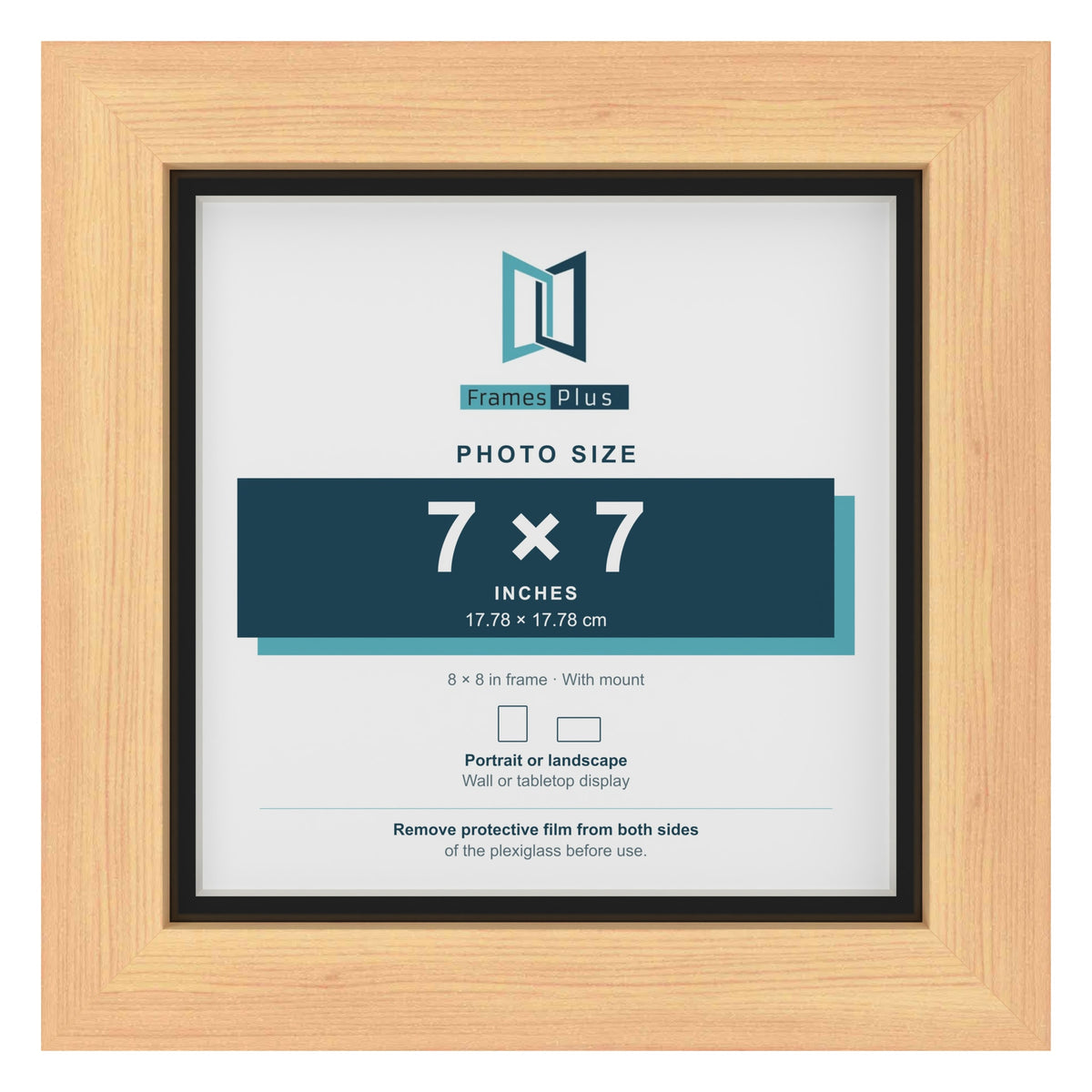 Pine 8 x 8 inch picture frame with a black mount for a 7 x 7 inch photo