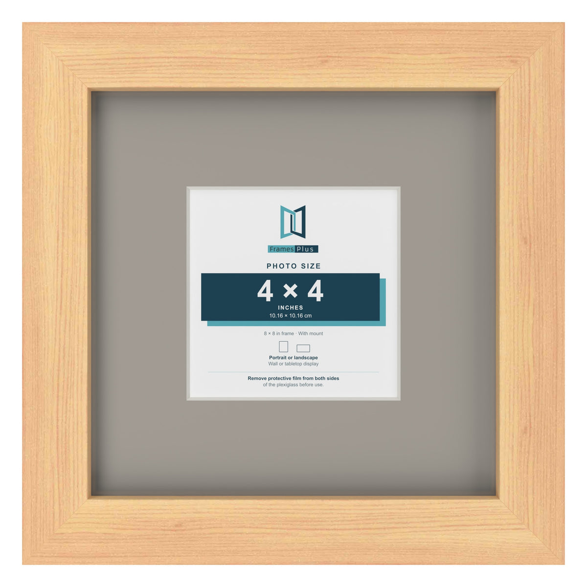 Pine 8 x 8 inch picture frame with a Dawn Grey mount for a 4 x 4 inch photo