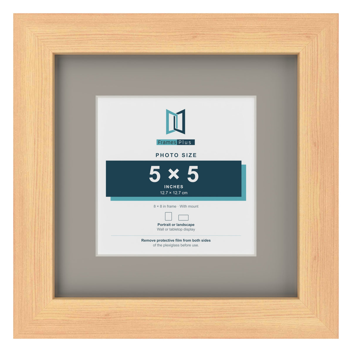 Pine 8 x 8 inch picture frame with a Dawn Grey mount for a 5 x 5 inch photo