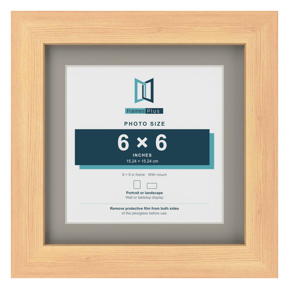Pine 8 x 8 inch picture frame with a Dawn Grey mount for a 6 x 6 inch photo