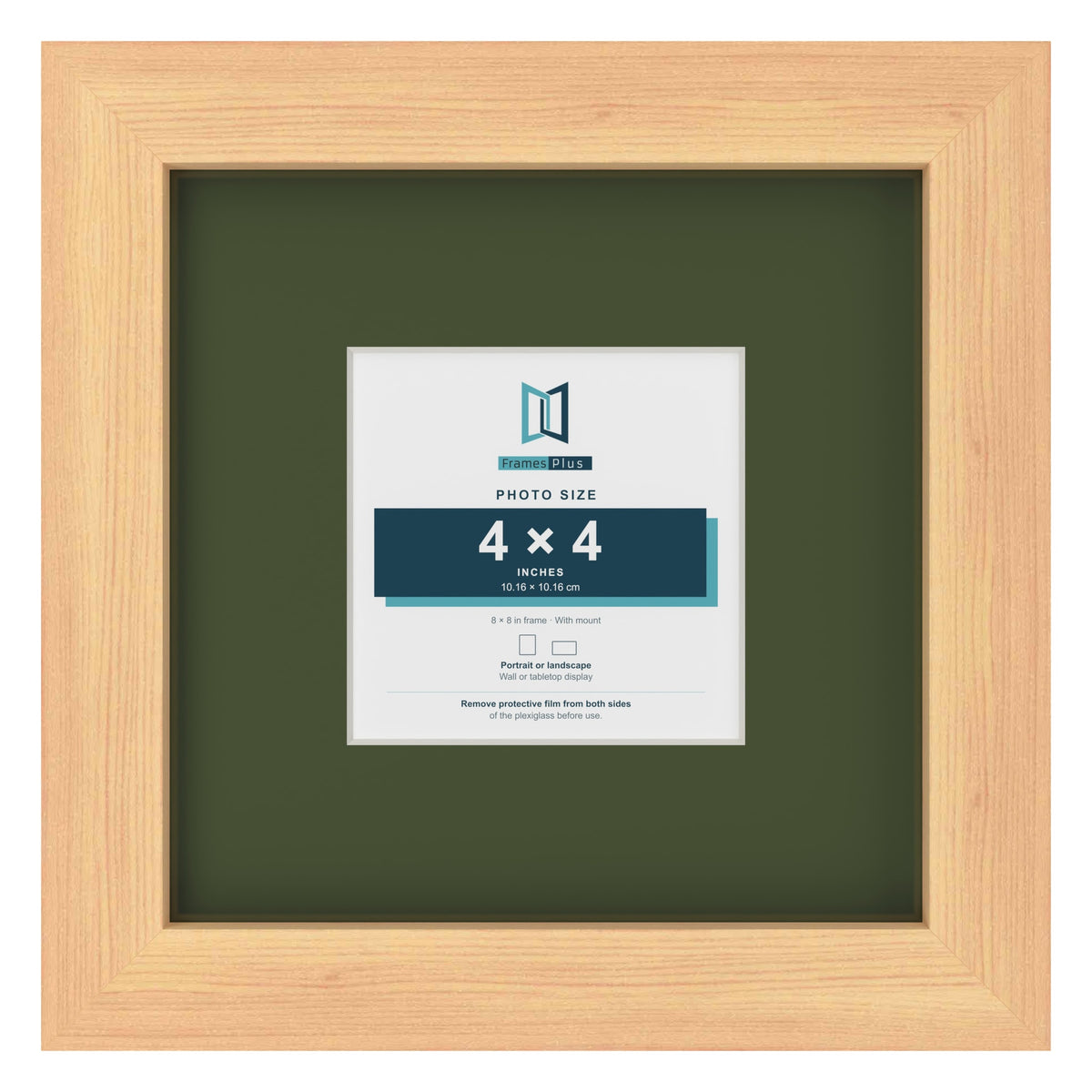 Pine 8 x 8 inch picture frame with a green mount for a 4 x 4 inch photo