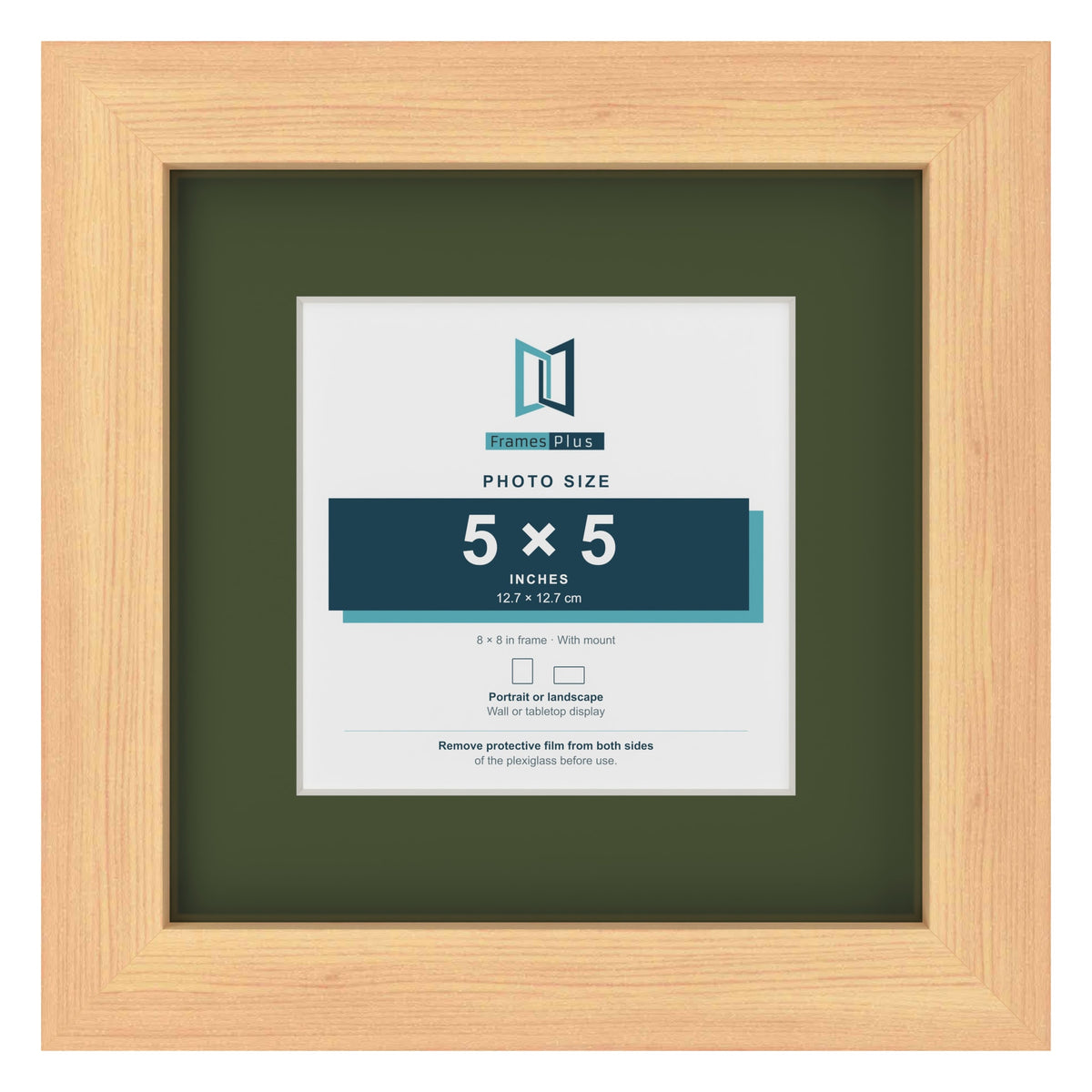 Pine 8 x 8 inch picture frame with a green mount for a 5 x 5 inch photo