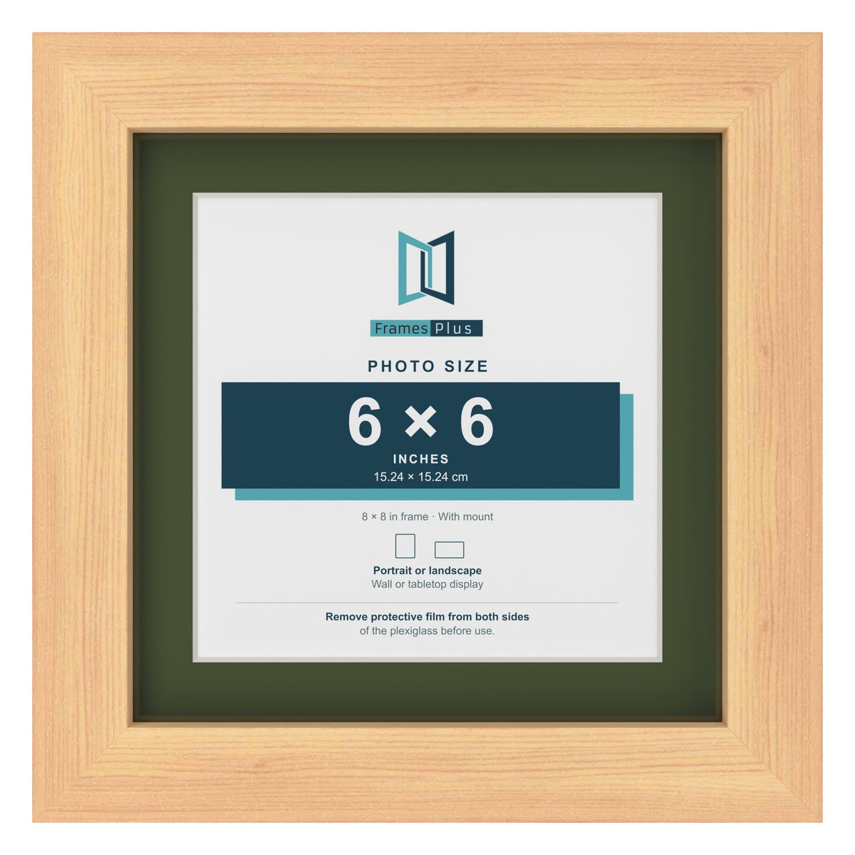 Pine 8 x 8 inch picture frame with a green mount for a 6 x 6 inch photo