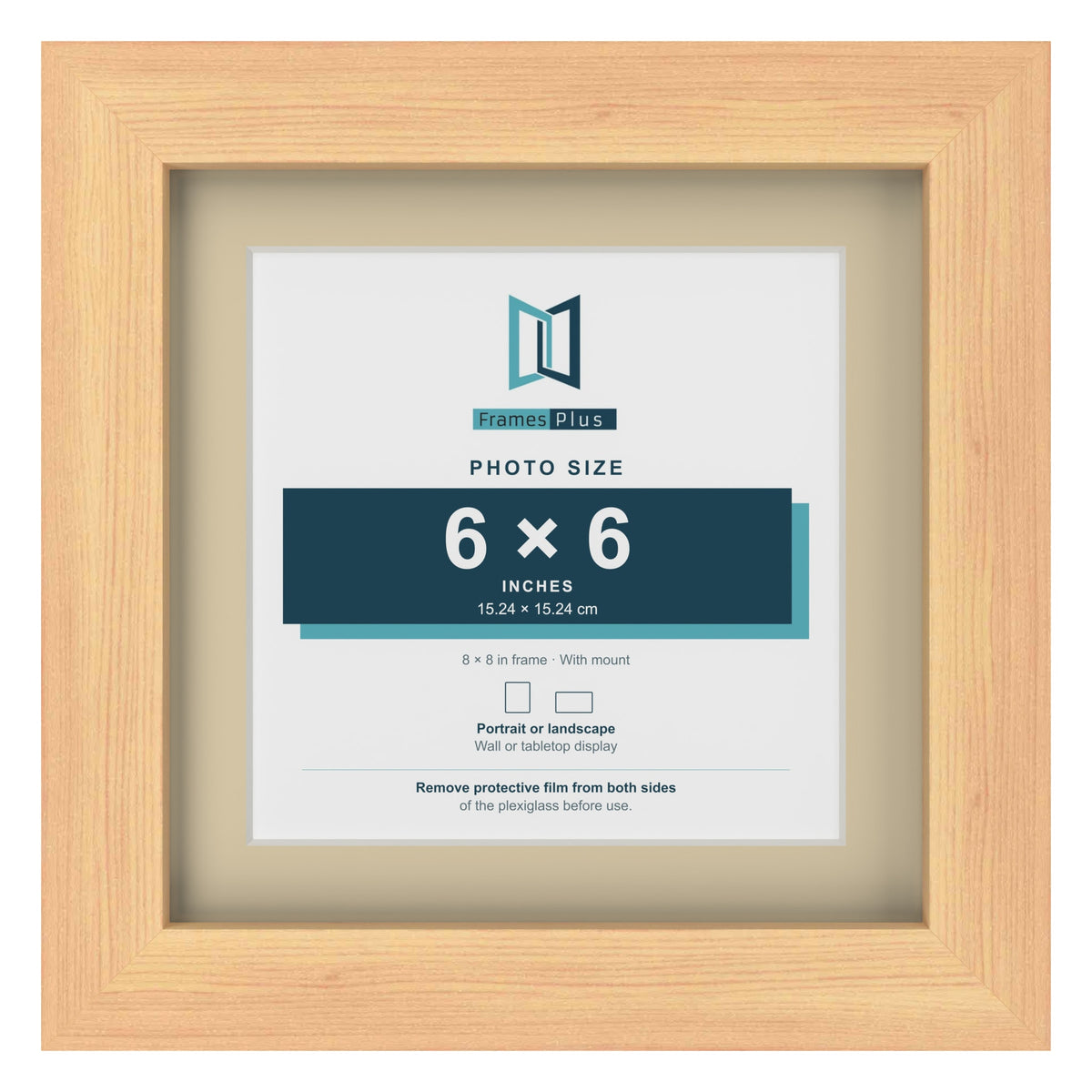 Pine 8 x 8 inch picture frame with an ivory mount for a 6 x 6 inch photo
