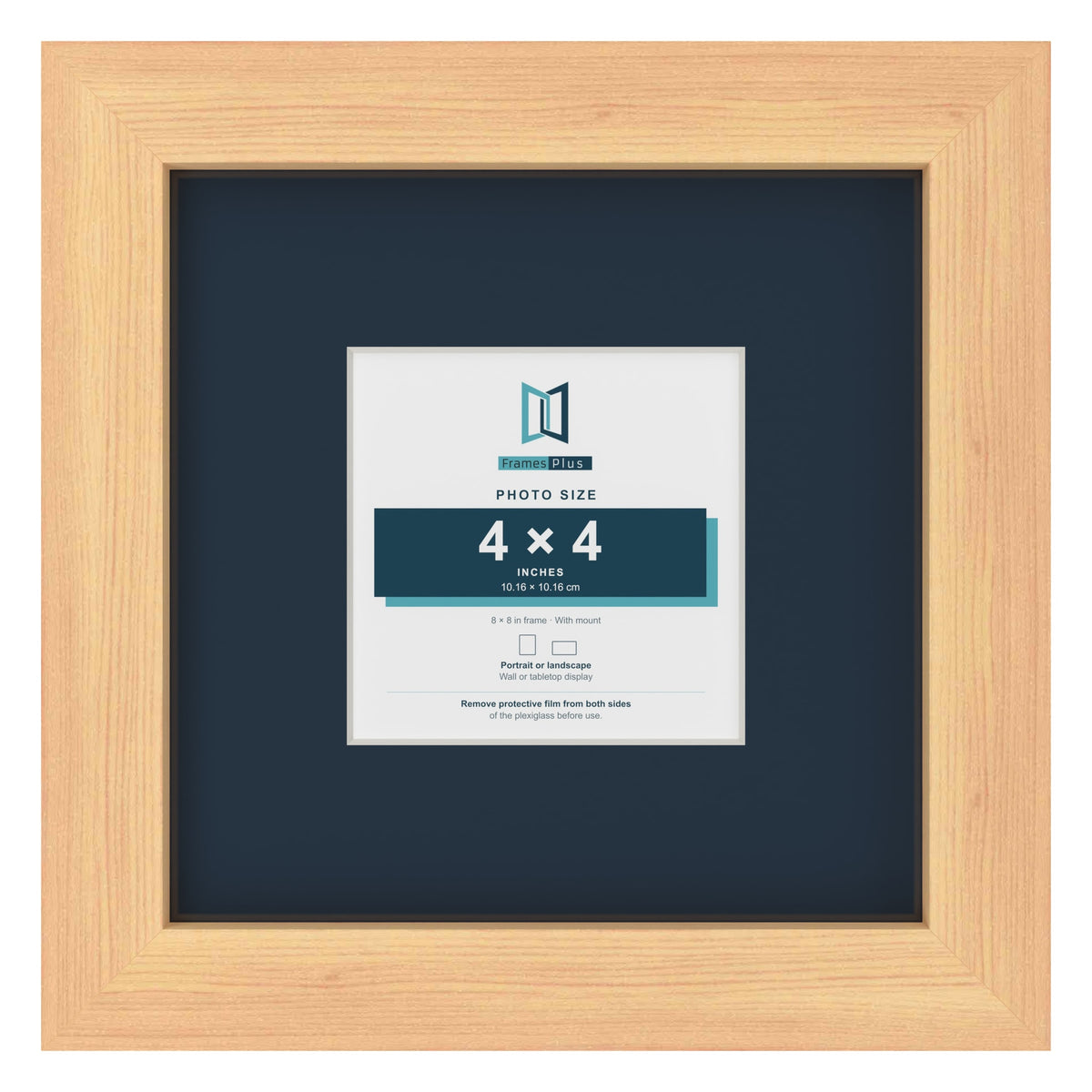 Pine 8 x 8 inch picture frame with a Pacific Blue mount for a 4 x 4 inch photo