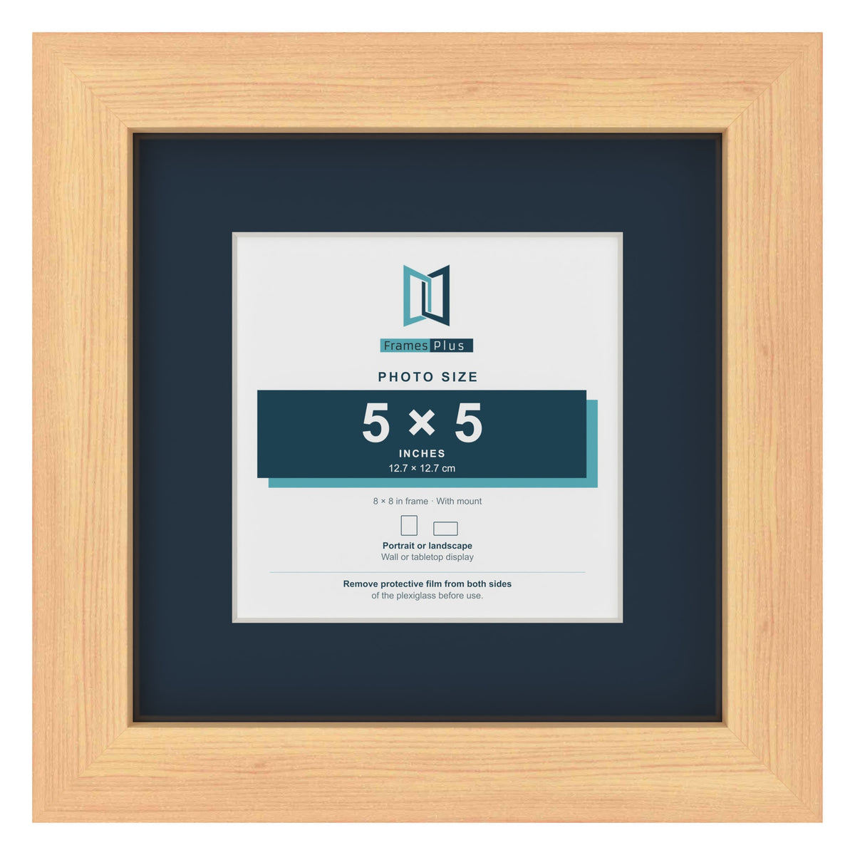 Pine 8 x 8 inch picture frame with a Pacific Blue mount for a 5 x 5 inch photo