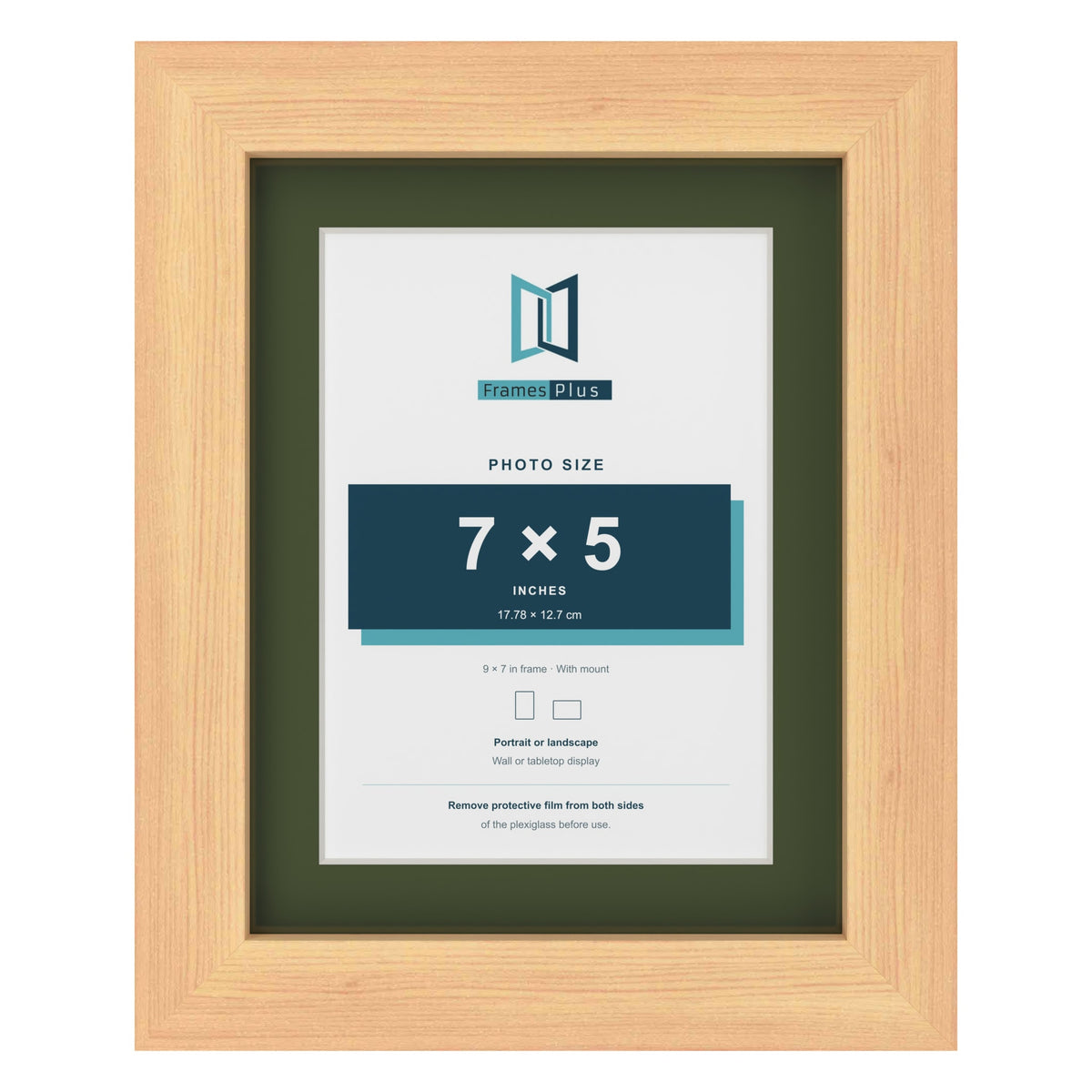 Pine 9 x 7 inch picture frame with a green mount for a 7 x 5 inch photo