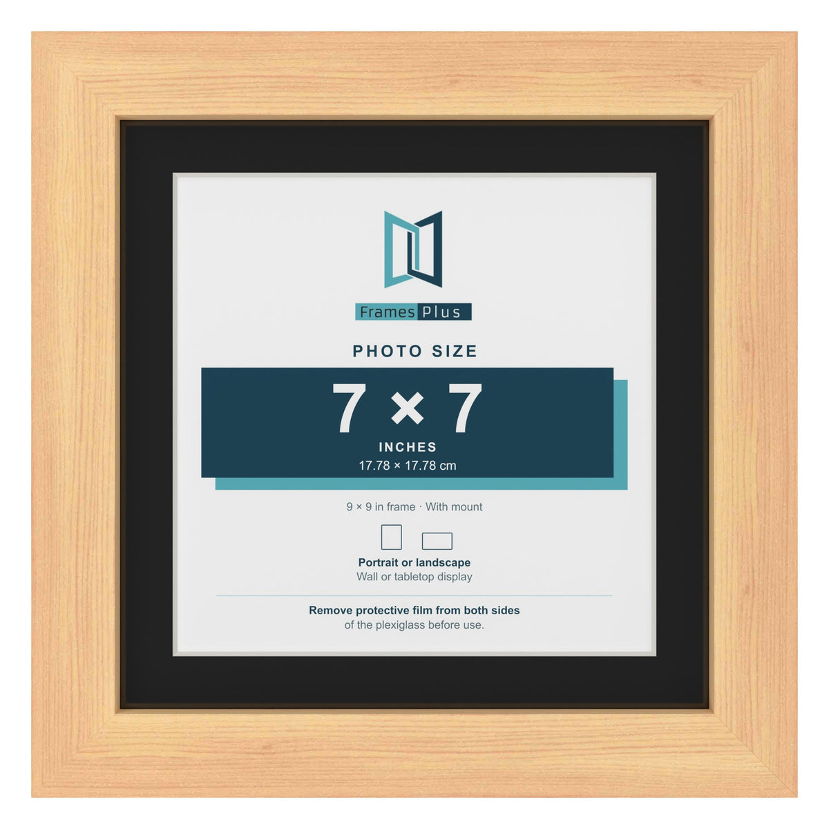 Pine 9 x 9 inch picture frame with a black mount for a 7 x 7 inch photo
