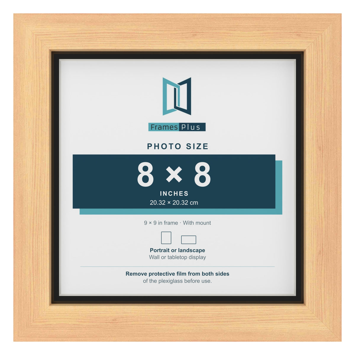 Pine 9 x 9 inch picture frame with a black mount for an 8 x 8 inch photo