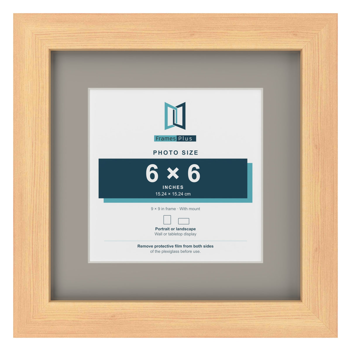 Pine 9 x 9 inch picture frame with a Dawn Grey mount for a 6 x 6 inch photo