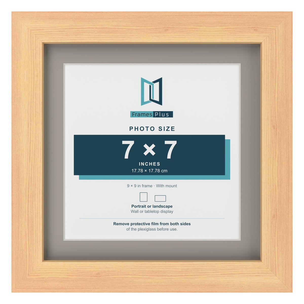 Pine 9 x 9 inch picture frame with a Dawn Grey mount for a 7 x 7 inch photo