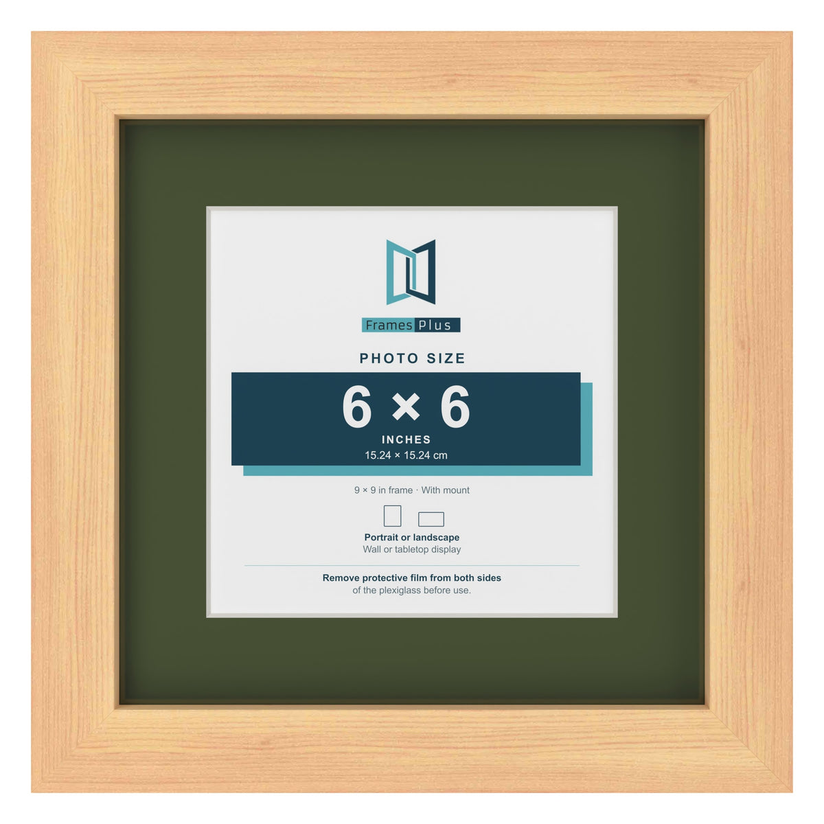 Pine 9 x 9 inch picture frame with a green mount for a 6 x 6 inch photo