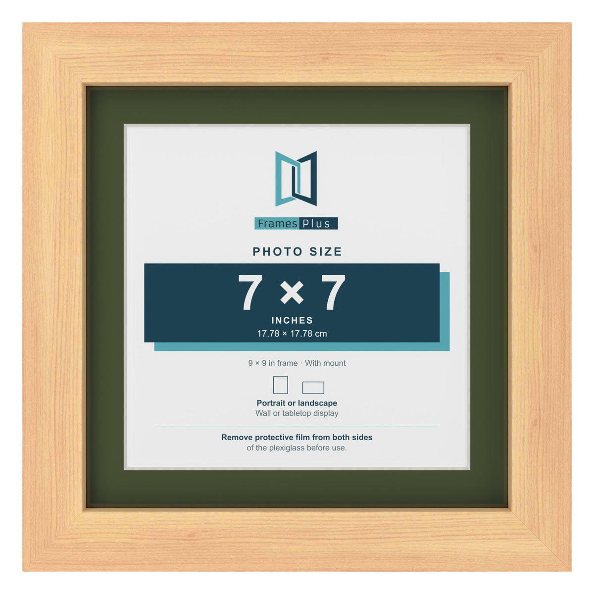 Pine 9 x 9 inch picture frame with a green mount for a 7 x 7 inch photo