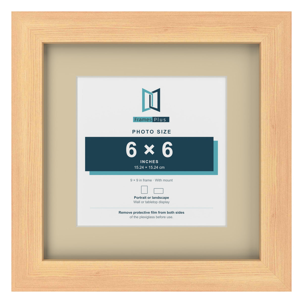 Pine 9 x 9 inch picture frame with an ivory mount for a 6 x 6 inch photo