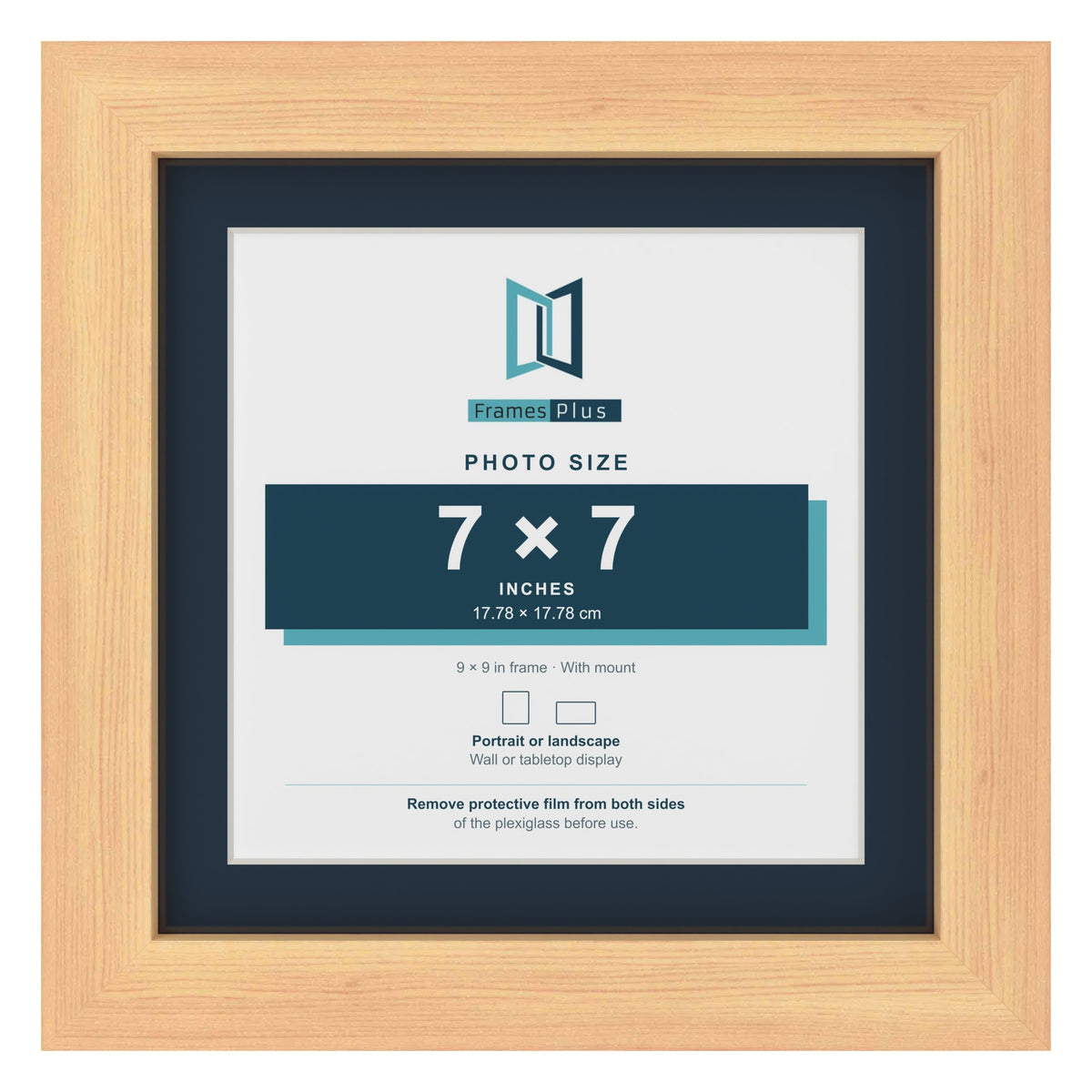 Pine 9 x 9 inch picture frame with a Pacific Blue mount for a 7 x 7 inch photo