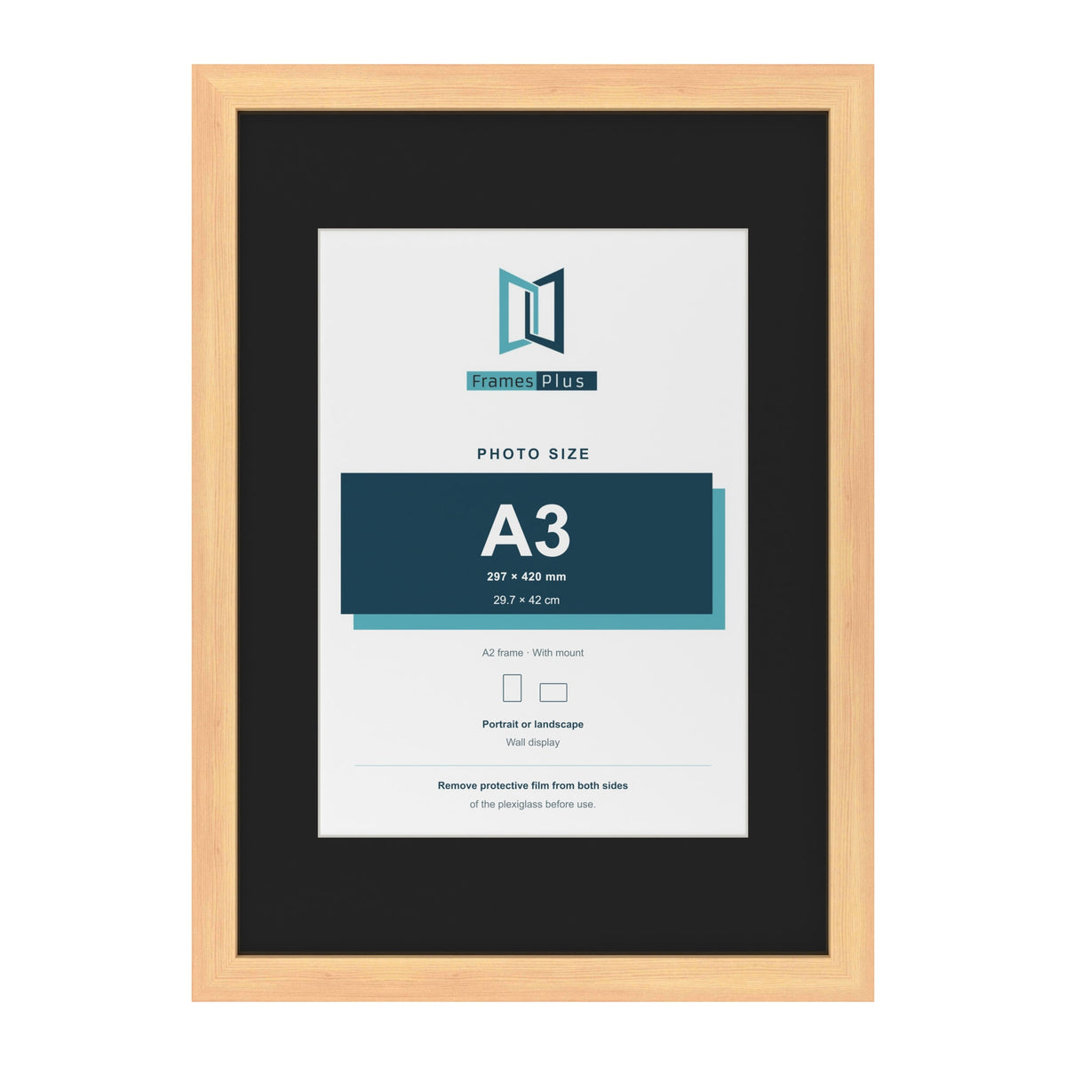 Pine A2 picture frame with a black mount for an A3 photo