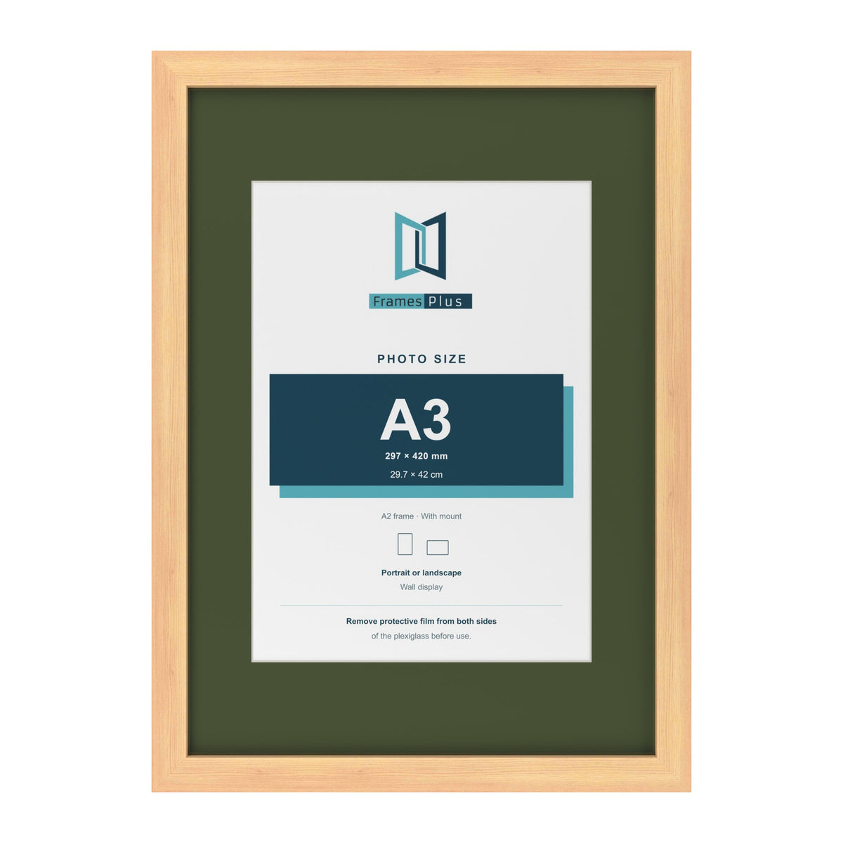Pine A2 picture frame with a green mount for an A3 photo