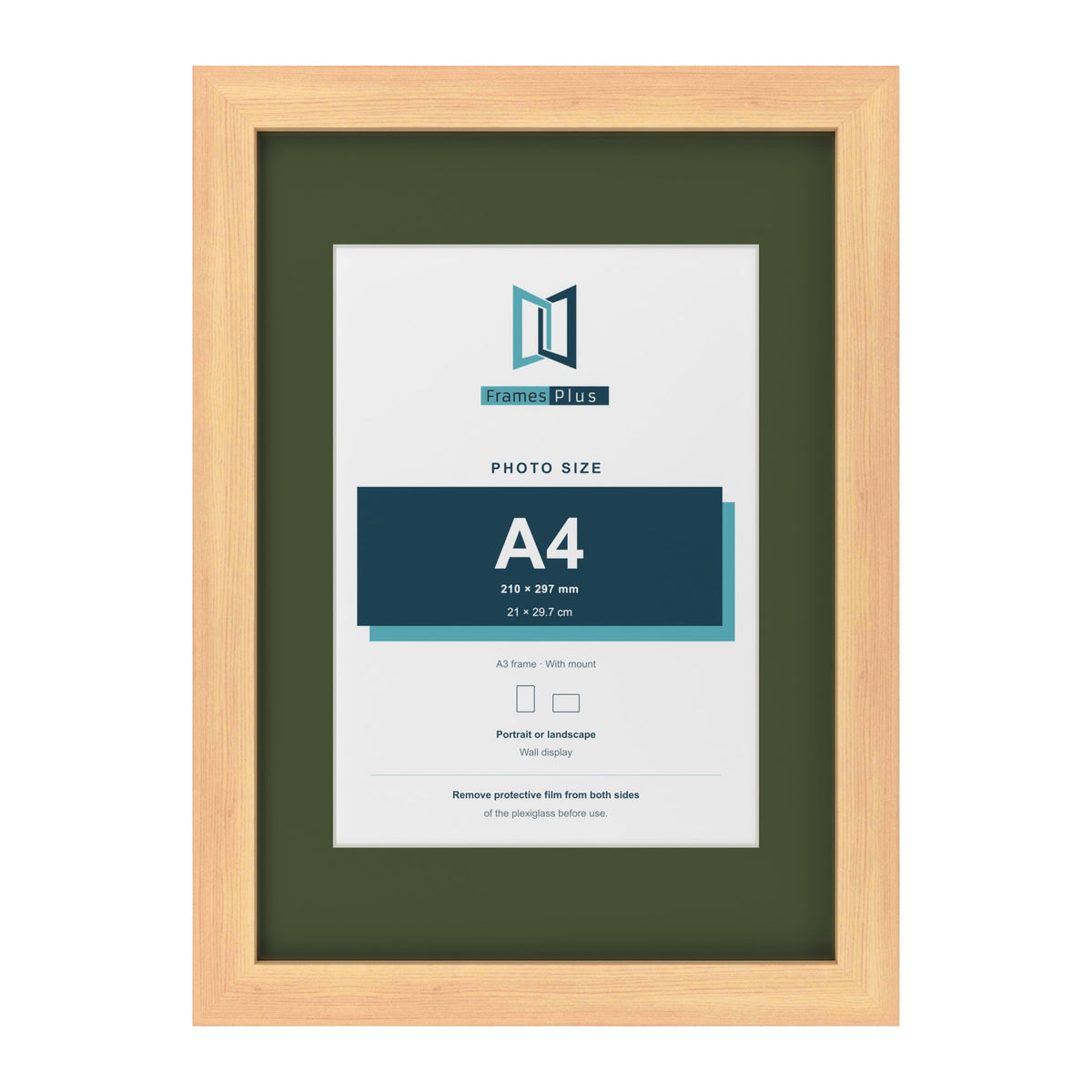 Pine A3 picture frame with a green mount for an A4 photo